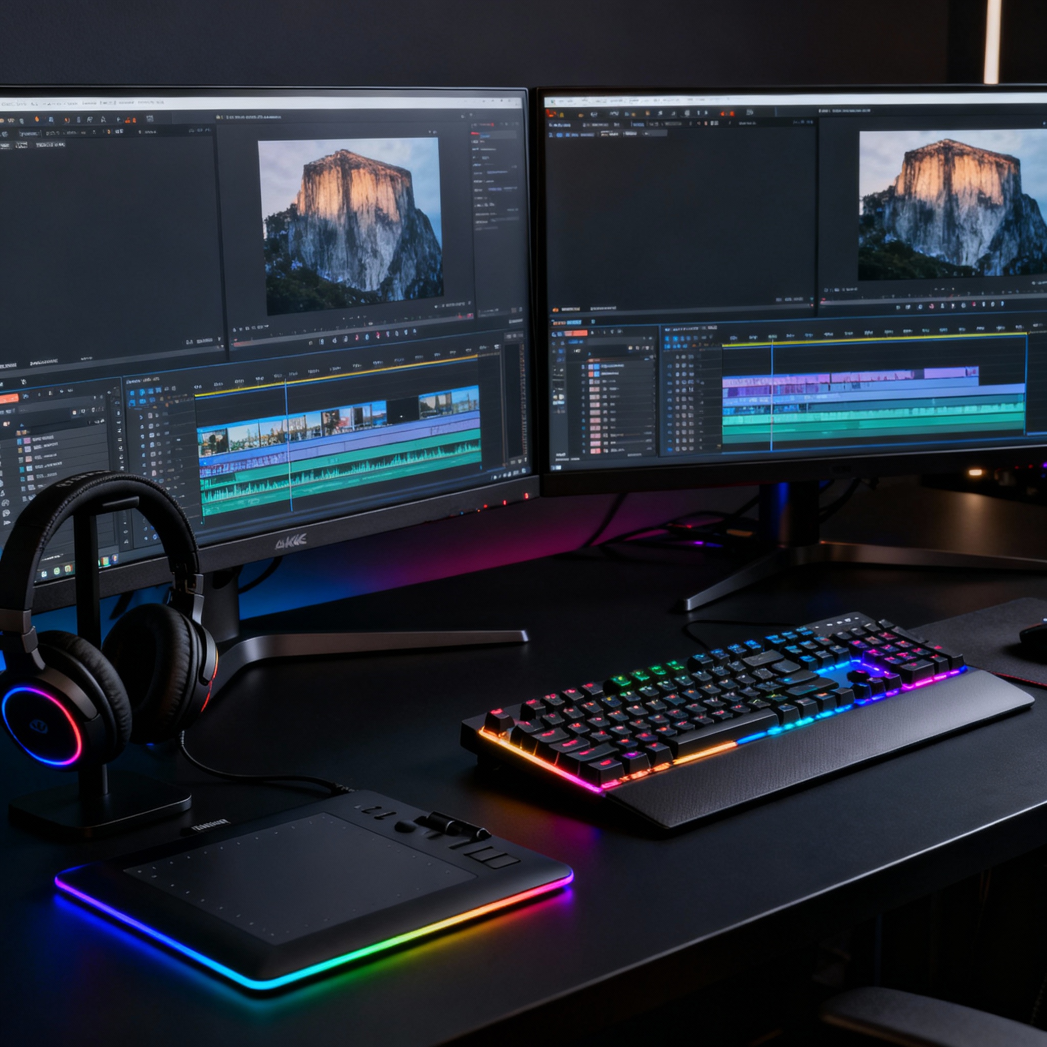 Motion graphics workstation with dual monitors